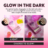 Charge That's the Spirit Adriana short almond press-on nails under lamp or sunlight for stunning glow in the dark nails.