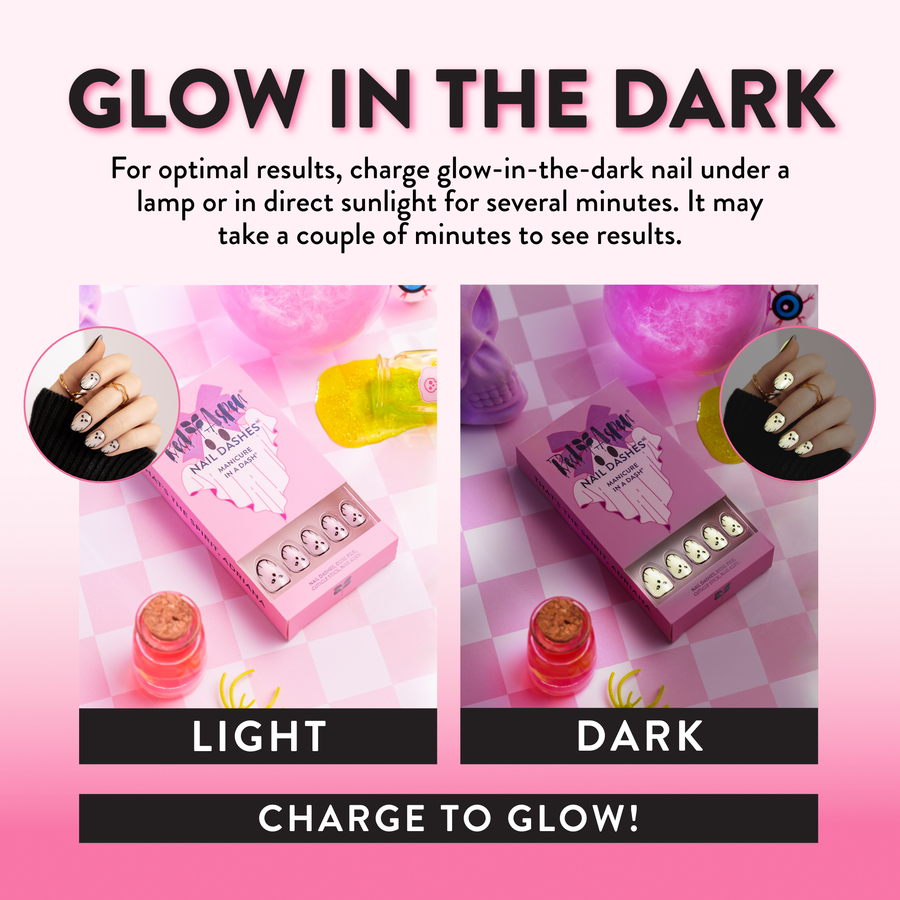 Charge That's the Spirit Adriana short almond press-on nails under lamp or sunlight for stunning glow in the dark nails.